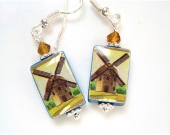 Windmills. Petite Mother of Pearl Shell Earrings. Handmade.