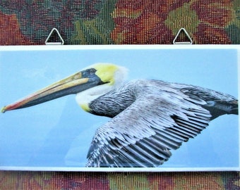 Brown Pelican. Ceramic Tile Wall Hanging 8 1/2 " X 4 ".Sea bird. New. Handmade.