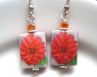 Red Dahlia on Mother of Pearl Shell Earrings. Handmade.