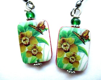 Orchids and Butterfly on Mother of Pearl Shell Earrings.