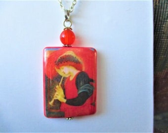 Angel playing a flageolet. Mother of Pearl Pendant Necklace w 18" chain. Mini image of 1878 painting by Burne Jones Edward Coley