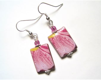 Close-up of Pink Petals of a flower. Earrings on Mother of Pearl shell base. New. Handmade.