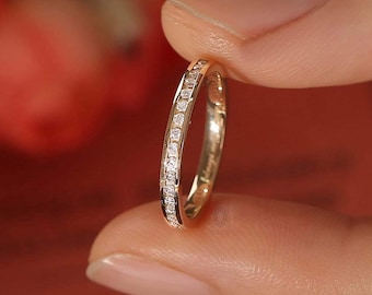 14K Yellow Gold Round Cut  Half Eternity Channel Setting Lab Grown Diamond Stackable Ring