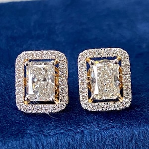 2.58 TW Radiant Lab Diamond Halo Stud Earrings: Handmade Wedding Jewelry