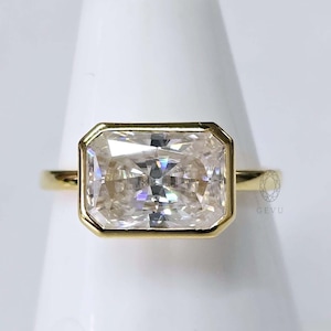 Bezel Set 10X7mm Radiant Cut Moissanite Engagement Ring, Ready to Ship Ring, Solitaire Wedding Ring, 14K Solid Yellow Gold Ring, 6 US Size