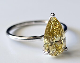 14k White Gold Fancy Yellow Pear Lab Grown Diamond, Engagement Solitaire Ring, IGI Certified