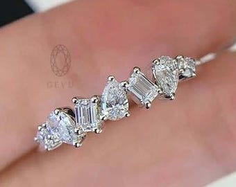 Lab Grown Diamond Half Eternity Band: 14K Yellow Gold Multi-Shape Stackable Ring