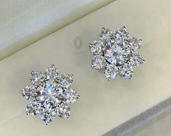 Classy Round Diamond Lab Diamond Double Halo Setting, Screw Back Earrings