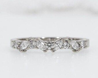 14K White Gold Marquise & Round Cut Bend Lab Grown Diamond Wedding Band, Stacking Band