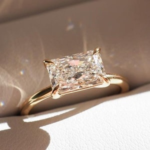 Elongated Radiant Cut Lab Grown Diamond Solitaire Engagement Ring, 14k Gold