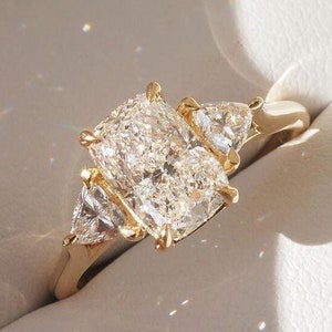 Lab Grown Diamond Engagement Ring: Elongated Cushion Cut with Trillion Side Stones