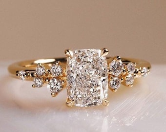 14k Yellow Gold Elongated Cushion Lab Grown Diamond  Engagement Ring Nature Inspired Cluster ring