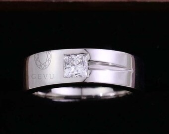 Princess Cut Plain Band Men's Ring Moissanite Wedding Ring, Flush setting