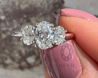 Oval Lab Grown Diamond Three Stone Cathedral Setting Engagement Ring, CVD Diamond