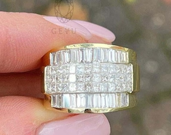 18k Gold Multi Row Lab Diamond Ring: Princess Baguette Wide Band