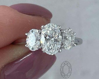 14k White Gold Three Stone Oval Lab Grown Diamond Engagement Ring, Handmade Jewelry