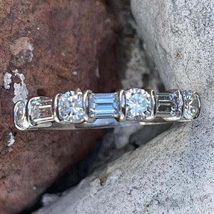 14k White Gold Lab Grown Diamond Wedding Band: Emerald & Round Cut Half Eternity Ring