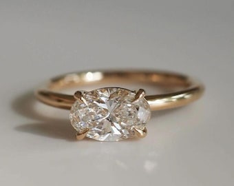 14k Yellow Gold East West Oval Lab Grown Diamond Engagement Solitaire  Ring, Handmade Jewelry
