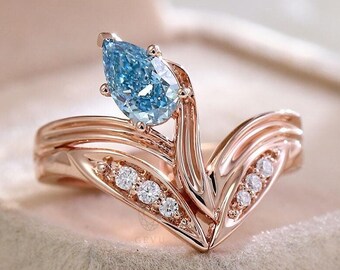 14k Rose Gold Pear Blue Lab Grown Diamond Engagement Ring, Channel Band, Handmade Jewelry