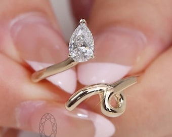 14K Yellow Gold Pear Lab Grown Diamond Engagement solitaire Ring, IGI Certified, Handmade Jewelry