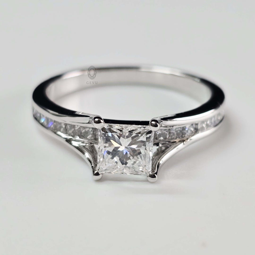 14K White Gold Princess Cut Lab Grown Diamond Channel Set, Split Shank ...
