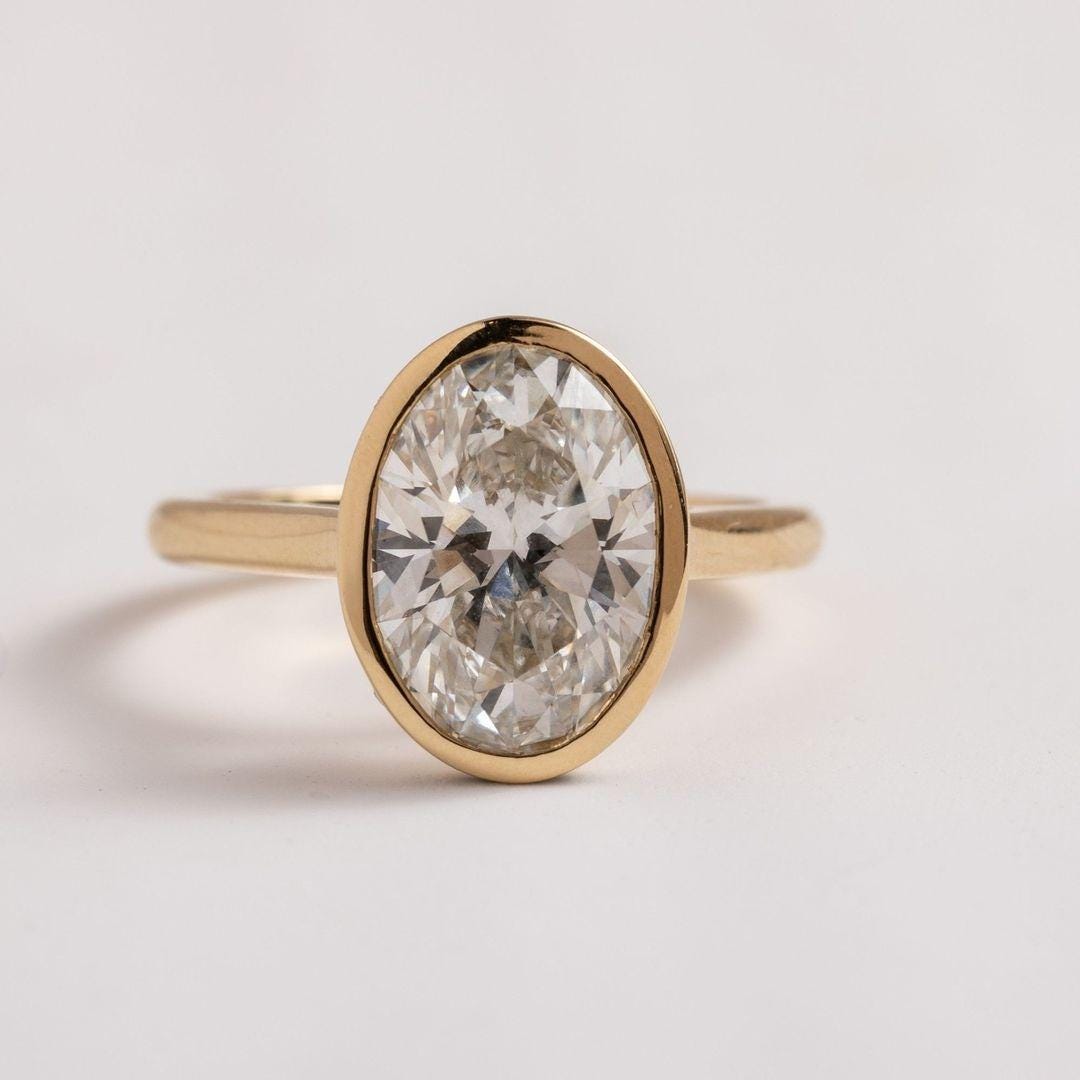 14k Yellow Gold Oval Lab Grown Diamond Engagement Ring, Bezel Setting ...