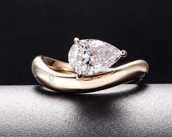 14K Yellow Gold Pear Lab Grown Diamond Engagement Solitaire Ring, IGI Certified, Vintage Ring