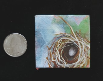 Mini bird nest painting with 1 egg 2x2 inches