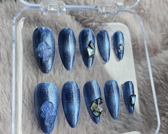 Blue Cat Eye Magnetic Press On Nails | Handmade Gel Nails with Real Abalone Shells & Jellyfish Charm | Ocean-Inspired Luxury Nails