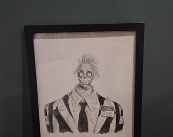 Bob Beetlejuice-Inspired Portrait | Zombie in Striped Suit | Original Charcoal Drawing | Framed | A4
