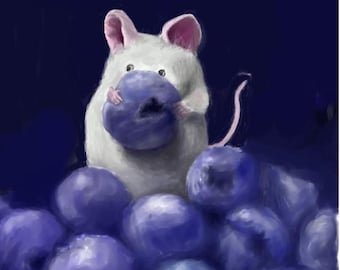 Silly Mouse Eating Blueberries, Cute Digital Print, Wallpaper, Cute Animal, Art, Art Prints