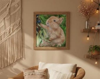 Cute Bunny Canvas Print – Blueberry Rabbit Wall Art, Whimsical Animal Gift, Nursery Decor, Kitchen Artwork 8x8”