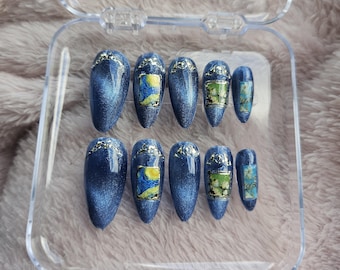 Van Gogh Starry Night Press On Nails | Blue Cat Eye Magnetic Gel Nails with Gold Accents | Hand-Painted Art Nails | Luxury Nail Set