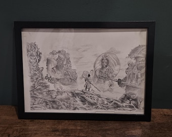 Black Myth Wukong-Inspired Battle Scene Drawing | Gods & Warriors | Original Charcoal | Framed | A4