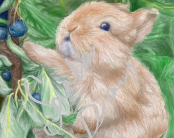 Adorable Bunny Eating Blueberries, Digital Art, Perfect for Wallpaper, Animal, Nature
