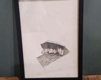 Gatos refugiándose bajo un paraguas bajo la lluvia / Dibujo original a pluma y tinta / Enmarcado / Tamaño A4
