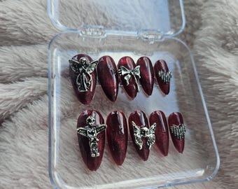 Cat Eye Nail Set - Handmade, Gothic, Dark Red Magnetic Gel Polish with Angel, Heart and Bow Accent Metal Charms