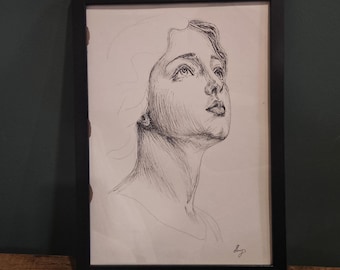 Pen & Ink Portrait Drawing | Roman Sculpture Inspired | Framed Figure Sketch | Classical | Black Wall Art | Signed Origin