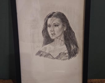 Dolores Beetlejuice Portrait | Scarred Gothic Woman | Original Charcoal Drawing | Framed | A4