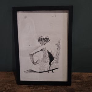 Original Charcoal Figure Study | Seated Woman From Behind | Classical Elegance | Framed Wall Art | A4