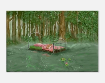Dreamlike Forest Bed Art Print – Surreal Whimsical Canvas, Magical Nature Illustration, Ethereal Wall Decor