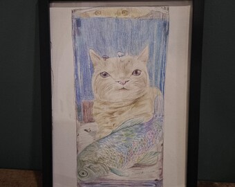 Silly Ginger Cat Watching Aquarium | Original Colour Pencil Drawing | Framed | A4