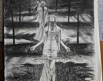 Runway Shadows Art Print – Charcoal Fashion Illustration, Avant-Garde Model Artwork, Dramatic Figurative Drawing