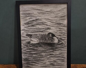 Original Charcoal Bird Swan Geese Drawing Framed Wall Art A4 Minimalist Black White Artwork