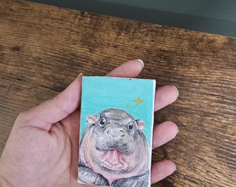 Moo Deng Baby Hippo Acrylic Painting | Mini Canvas Animal Art | Original, Handmade
