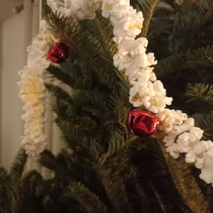 May include: Close-up of a Christmas tree decorated with a popcorn garland and red bells. The garland is made of white popcorn and is draped around the green branches of the tree. Two red bells are visible.