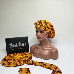 African Print Satin Bonnet with Long Band - Adjustable Double-Sided Sleep Cap
