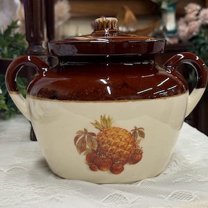 Vintage McCoy Pottery 1242 Bean Pot with Lid Fruit Pineapple Brown Cream USA Ceramic Casserole
