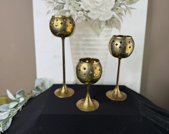 Vintage Brass Votive Candle Holders: Punched Design Mantle Decor