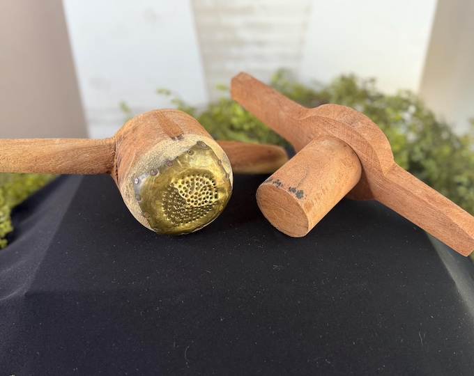 Antique primitive wooden juicer with copper filter